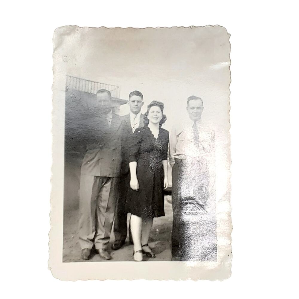 Vtg Family Posing Together Finger on Lens Monochrome Photography Found Snapshot